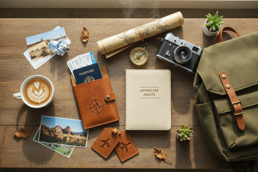 Flat lay of essential US travel gear including a portable charger, travel map, camera, and coffee for a modern traveler's adventure.