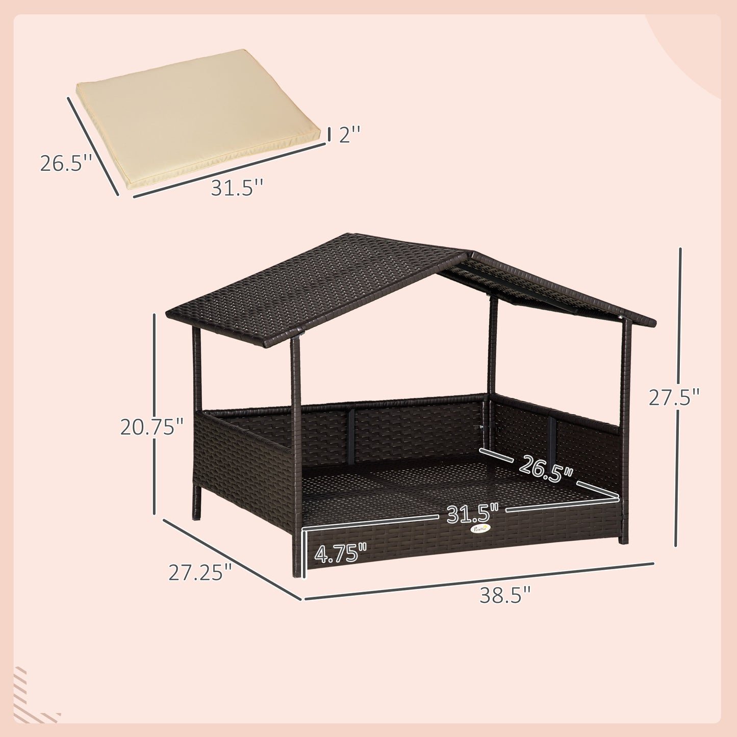 Wicker Dog Bed Outdoor Elevated With Rattan Canopy Cushioned