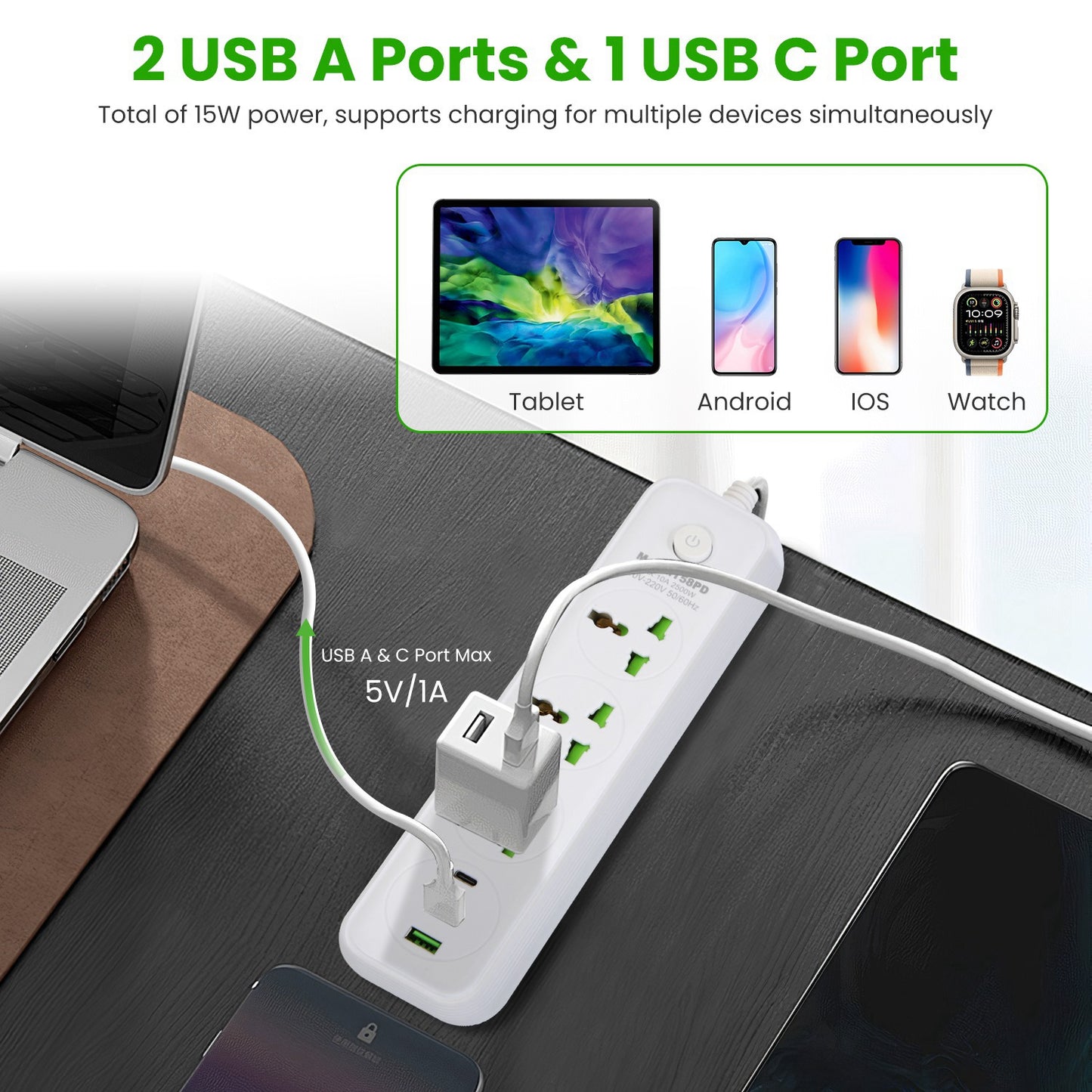 Power Strip With 6FT Extension Cord 3 AC Outlets And 2 USB