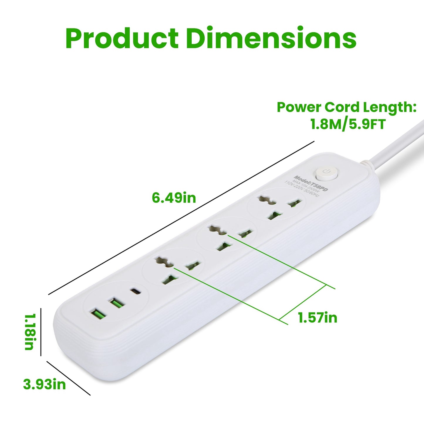 Power Strip With 6FT Extension Cord 3 AC Outlets And 2 USB
