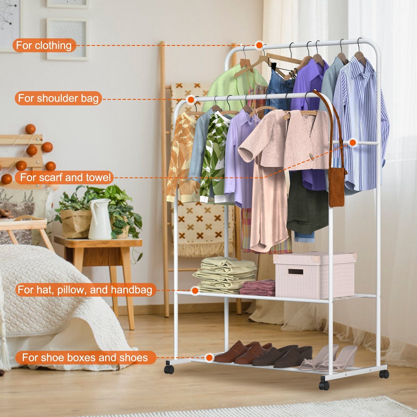 Garment Hanging Rack Clothing Hanging Rail ,Stand Rolling Wheel Clothes Organizer