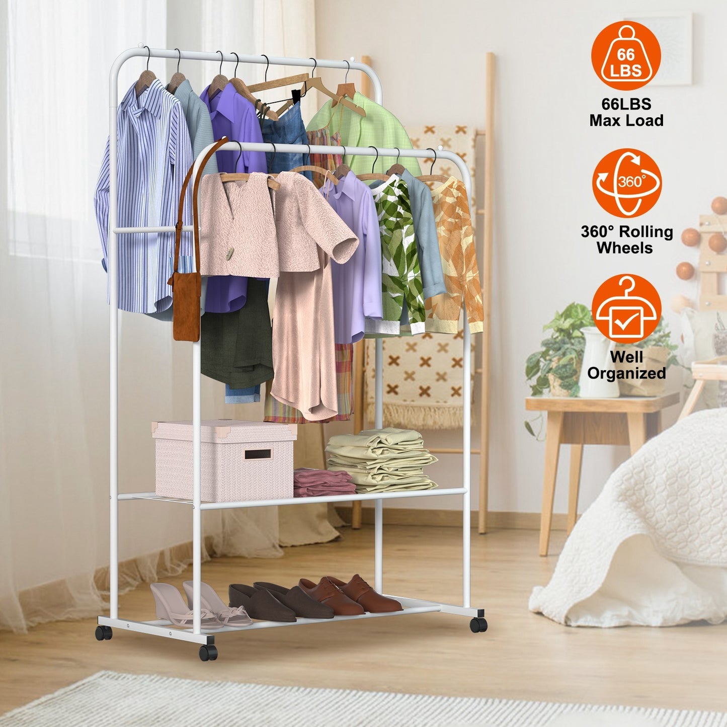 Garment Hanging Rack Clothing Hanging Rail ,Stand Rolling Wheel Clothes Organizer