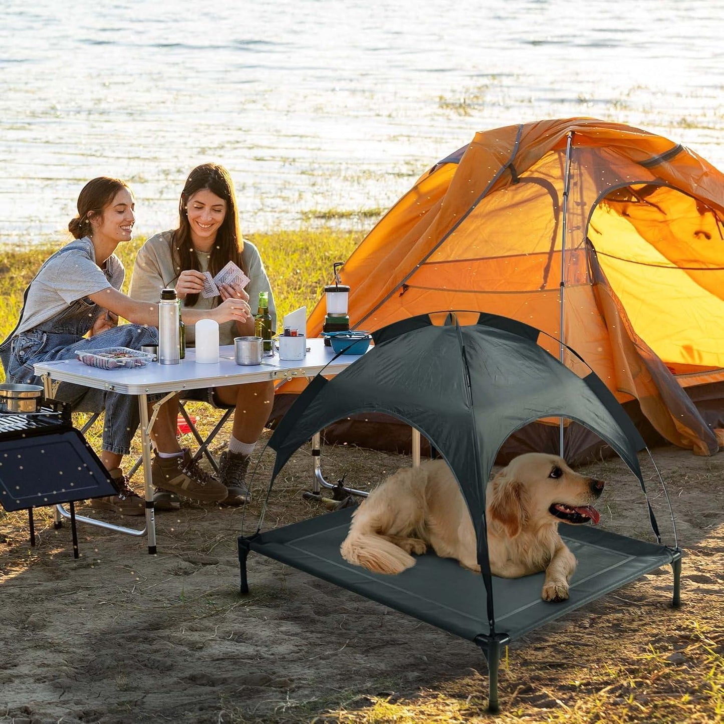 Outdoor Portable Grey Pet Dog Bed With Awning