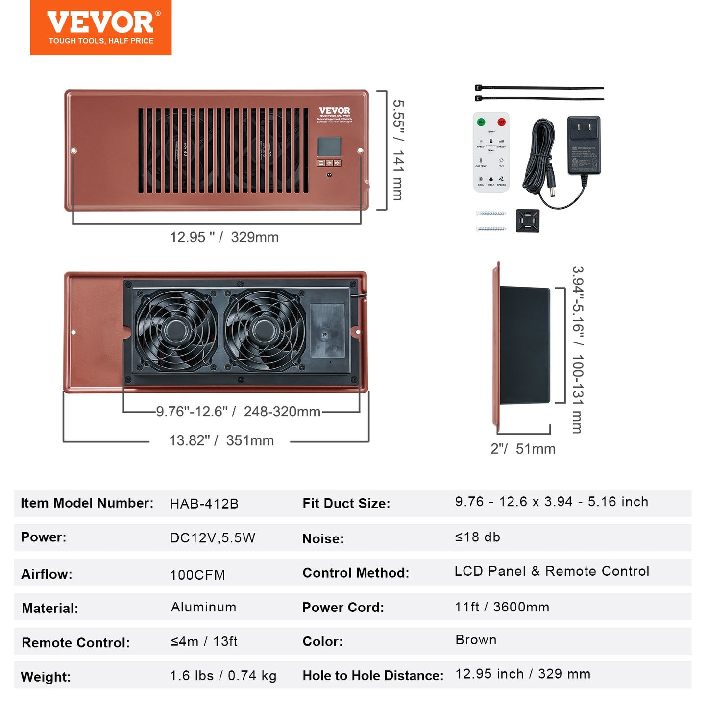 VEVOR Register Booster Fan, Quiet Vent Booster Fan Fits  Register Holes, With Remote Control And Thermostat Control,