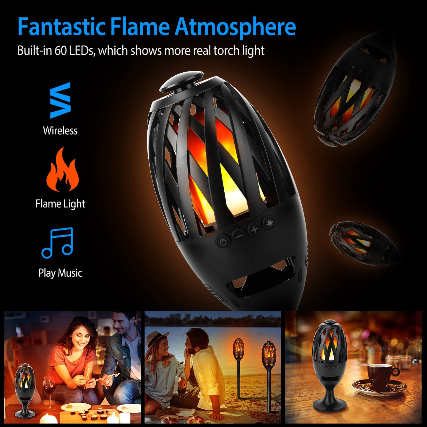 LED Flame Speakers Torch Wireless Speaker Waterproof Stereo Bass