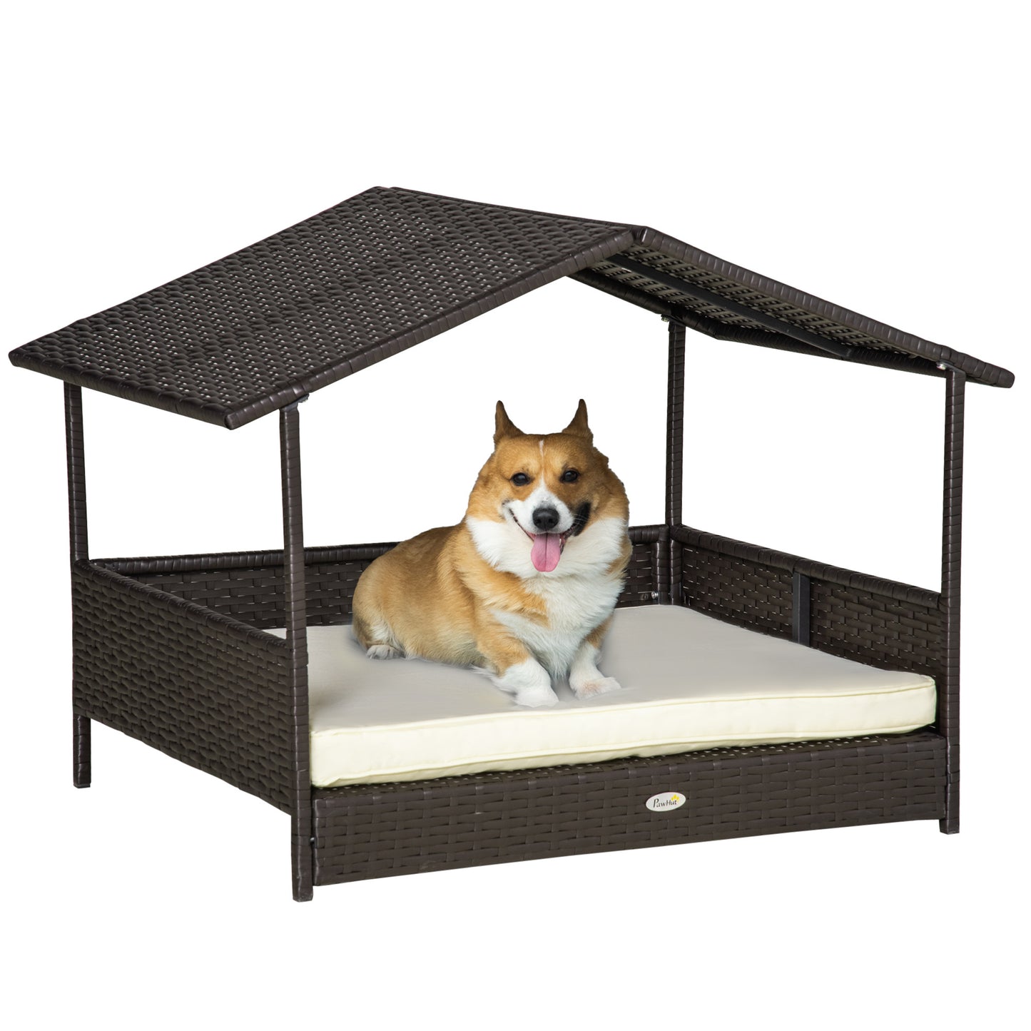 Wicker Dog Bed Outdoor Elevated With Rattan Canopy Cushioned