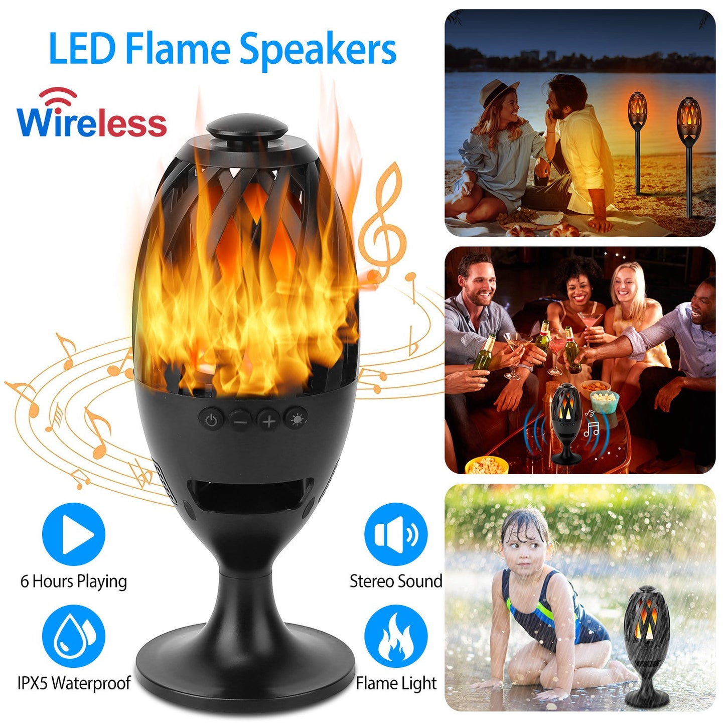 LED Flame Speakers Torch Wireless Speaker Waterproof Stereo Bass