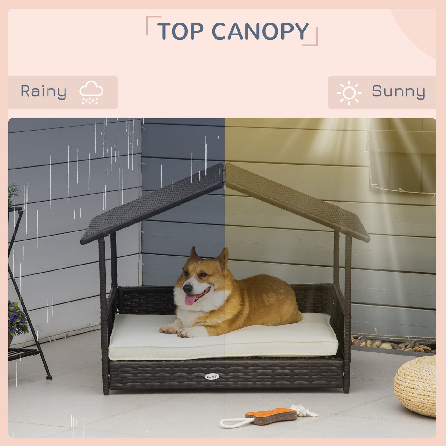 Wicker Dog Bed Outdoor Elevated With Rattan Canopy Cushioned