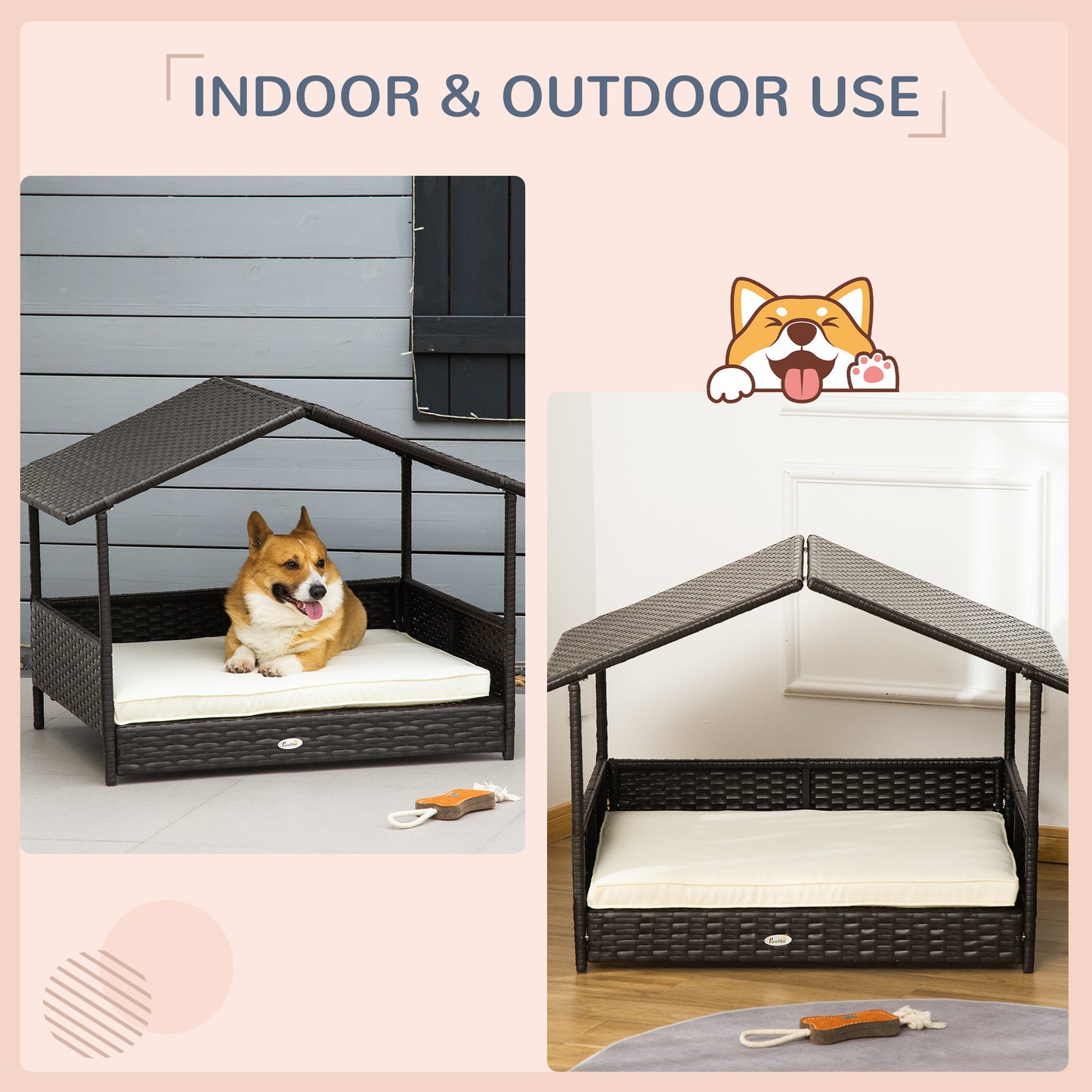 Wicker Dog Bed Outdoor Elevated With Rattan Canopy Cushioned