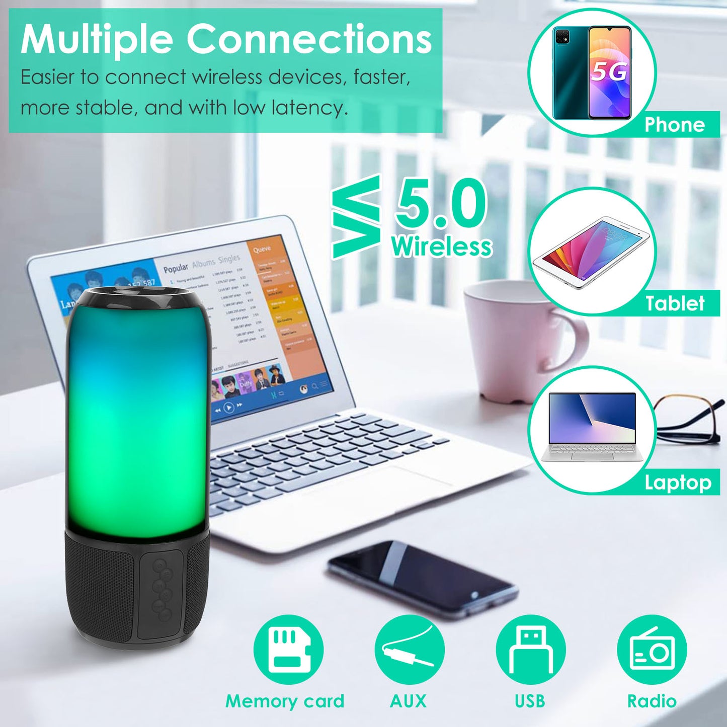 Wireless Portable Speaker Loud Stereo Speaker With 6 Color Changing Lights