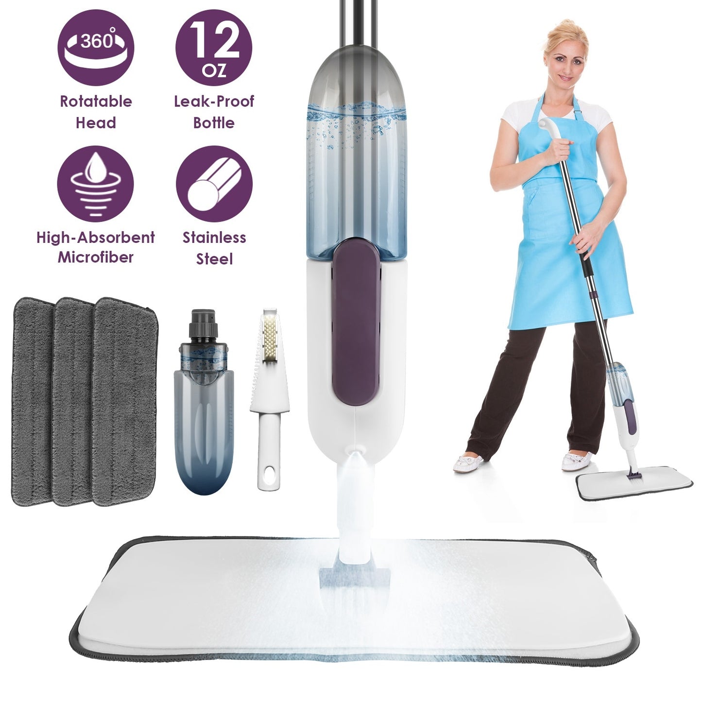 Spray Mop With 3 Machine Washable Microfiber Pads