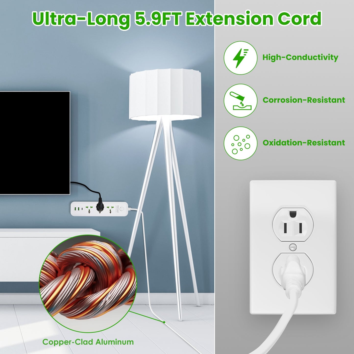 Power Strip With 6FT Extension Cord 3 AC Outlets And 2 USB